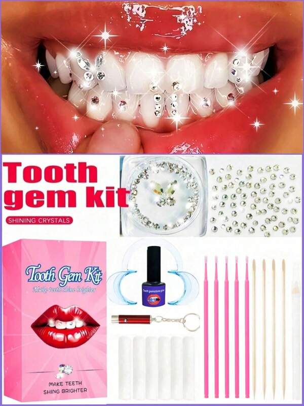 220pcs Tooth Gem Set - DIY Tooth Rhinestones, Fashion Tooth Jewelry, Self-Adhesive Crystal Rhinestones, Ultra Shiny White Tooth Decals, Butterfly Flat Rhinestones, Dental Beauty Materials Set, European And American Hip-Hop Goth Y2K Style, With All Tools