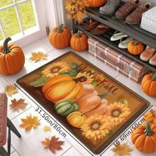 1pc Thanksgiving Autumn Theme Decor Multi-Color Pumpkin & Sunflower Print Holiday Doormat, Soft Non-Slip Absorbent Washable Kitchen Mat, Festive Cozy Entryway Rug, Rectangular Low Pile Holiday Home Decor Mat For Living Room, Bedroom, Kitchen, Laundry Room, Bathroom