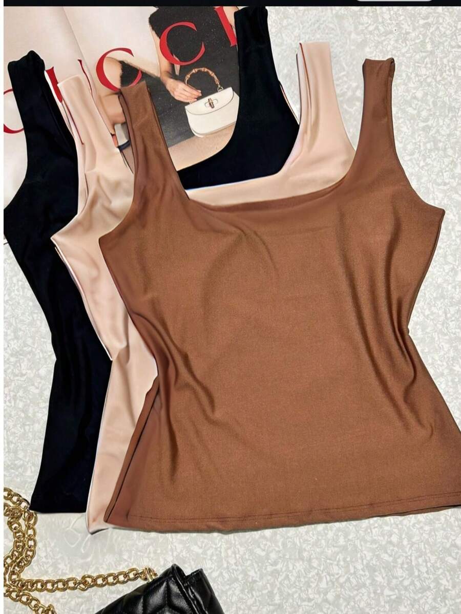 Kit Of 3 Women's Tank Tops, Summer, Suplex, Double Lining, Basic, Plain - 裸色黑色和棕色 - 查看 1