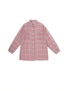 女士随机拼接格子印花纽扣长袖衬衫（夏季款） - 淺粉色 - 查看 6