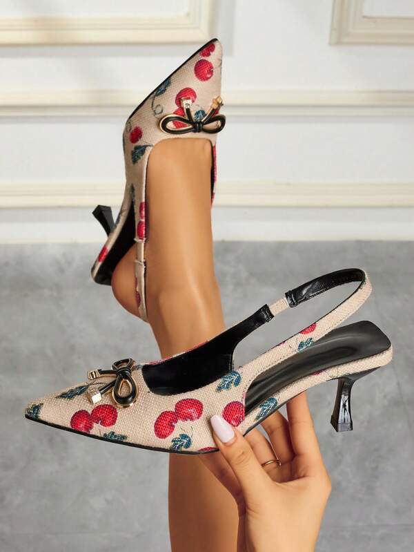 Women's Bow Metal Embellishment High-Quality Formal Ladies' Shoes, Fashionable And Elegant Cherry-Print Pointed-Toe Elegant High-Heeled Sandals, Retro Style For Commuting And Date Occasions, Suitable For Daily Wear, Comfortable Ladies' Shoes With Summer Light Khaki Fabric Upper.