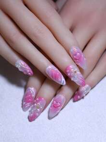 Móng giả dán thủ công 100% màu hồng nhạt ombre, họa tiết gợn sóng 3D và hoa lá, đính ngọc trai và hạt vàng, 10 miếng hình hạnh nhân, có thể tái sử dụng cho cả bốn mùa, dụng cụ làm đẹp móng nhanh chóng, móng giả dán thủ công. - Màu Hoa hồng đỏ - Xem 3