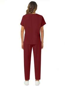 2 piezas Conjunto de ropa de estar en casa informal con top de manga corta con bolsillo y cuello en V, y pantalones, para primavera - Burdeos - Ver 3