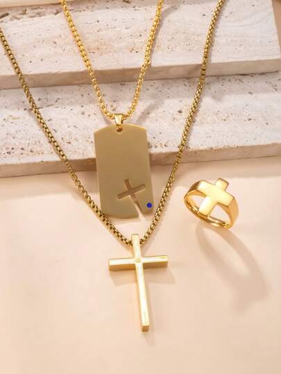 18K Gold Plated Exaggerated Hip Hop Jewelry Set, 3pcs Stainless Steel Cross Pendant Necklace With Matching Bracelet And Ring