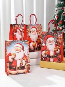 4pcs Christmas Kraft Paper Gift Packing Bags Handbags, Christmas Santa Claus Print Red Hand Bags, Christmas Tote Bags With Handles, 2025 Christmas Decoration For Home, Christmas Treat Bags, Multifunctional Christmas Party Gift Wrapping Bags, Xmas Party Favors Bags, Christmas Gift Wrapping Supplies, 2026 New Year Gift Packing Bags