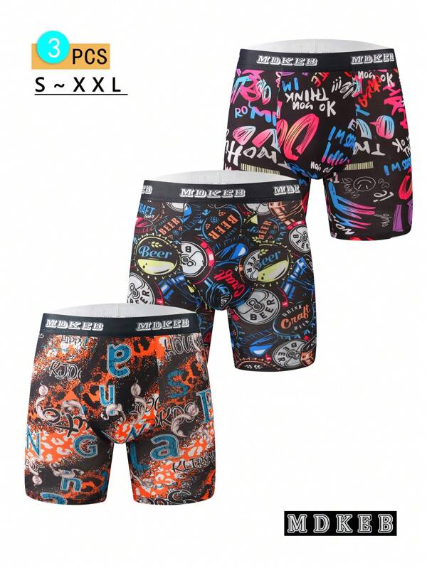 3pcs/Pack Men's Comfortable Mid-Rise Elastic Waist Trunks, Fashionable & Versatile Geometric & Graffiti Print Underwear