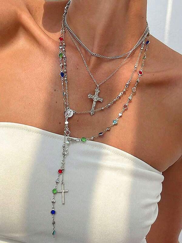 4-in-1 Vintage elegante Mode Hip Hop Retro Münze Strass Kreuz Anhänger Quaste Lange Halskette Set, einzigartiges mehrschichtiges Choker Halskette für Frauen, geeignet für Sommer, Party, Date, Alltag