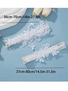 2 件装新娘白色蕾丝长袜带吊袜带，性感蕾丝吊袜带，带花卉刺绣腿带和弹性大腿环 - 白色 - 查看 15