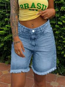 Women Loose Straight Knee Length Denim Shorts - Light Wash - View 1