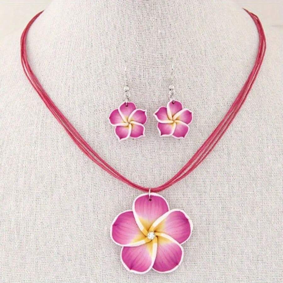 Fashionable Sweet Flower Wax Rope Temperament Necklace Earrings Two-Piece Set, Suitable For Daily Wear Or Gift Giving - Hot Pink - View 1