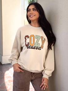 EMERY ROSE Sudadera holgada de mujer con cuello redondo, estampado de letras, hombros caídos y manga larga, de estilo casual, para otoño - Albaricoque - Ver 2