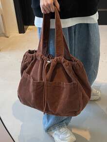 1 件灯芯绒纯色手提包，大容量新款男士单肩包，抽绳购物袋