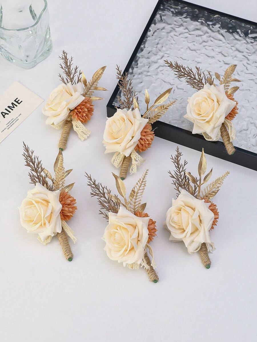 6朵/1朵香槟玫瑰花配金色叶子胸花，适合新郎、伴郎、新娘、伴娘、婚礼、订婚、宴会、校园庆典、旅行派对、情人节配饰