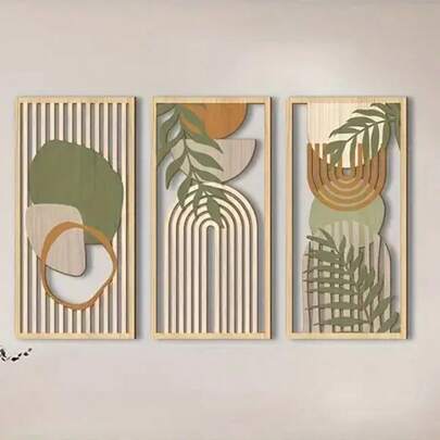 3pcs Sage Green Abstract Wooden Wall Art, Geometric Wood Wall Sculptures, Modern Artwork Neutral Wall Decor For Living Room Bedroom Office