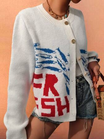 海上星光秋冬时尚休闲度假女款热带鱼字母长袖开衫秋季乡村音乐会