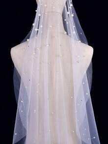 Bridal Veil Single Layer Nylon Mesh Wedding Accessory, Hollow Net Design Flat Hair Comb, Decorated With Faux Pearls And Sparkling Rhinestones - V135 - View 9