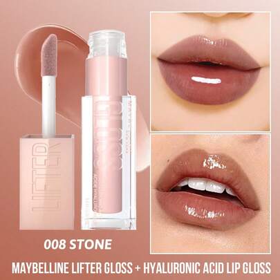 Maybelline 美宝莲丰盈唇彩 + 玻尿酸唇彩，008 STONE，高光泽丰盈效果，提升唇部饱满度，持久光泽，持久保湿，提拉唇形，强效提亮，玻尿酸滋养，闪亮效果，不粘腻配方，适合所有肤色，日常妆容必备