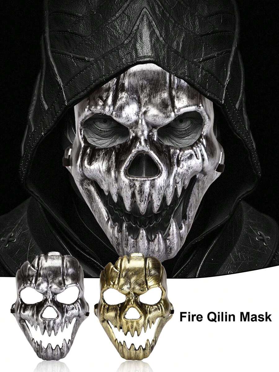 1/2pcs Halloween Fiery Qilin Mask, Scary Ghost Face Mask, Vintage Fanged Skull Mask, Halloween Mask