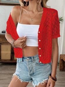 Women's Casual V-Neck Short Sleeve Knit Top, Loose Hollow-Out Design, Spring/Summer Beach Vacation Outfit, Minimalist Retro Style, Random Pattern, Suitable For Back To School Season And Autumn - Red - View 3