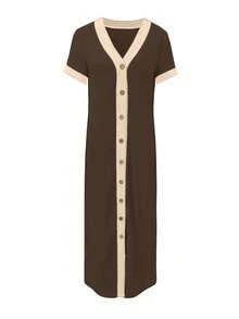Women's Elegant Colorblock Short Sleeve Button Front Dress, Suitable For Commute/Work/Vacation, Spring/Summer - Coffee Brown - View 3