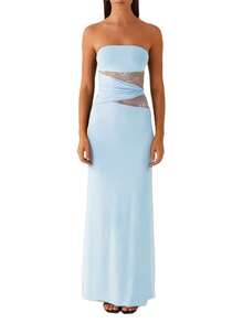 Women's Summer Long Tube Dress Sheer Lace Patchwork Sleeveless Strapless Backless Bodycon Ankle Length Dress - 藍色 - 查看 3