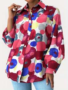 Women's Floral Print Button Down Cropped Shirt, Long Sleeve Casual Summer Crop Top - 紅色 - 查看 2