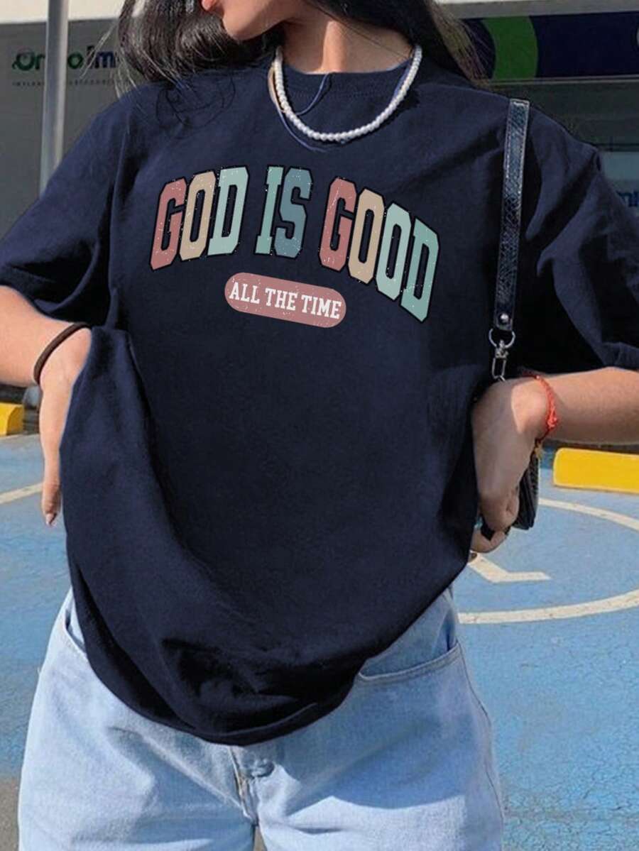 1 件女童休闲印花圆领短袖 T 恤,夏季学生年轻服装 - 彩色字母系列艺术风格 T 恤激发想象力和自我表达 - 藏蓝色 - 查看 1