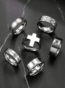 6pcs Men's Stainless Steel Ring Set, Includes Cross, Spider Cut, Roman Letter, And Plain Rings, Fashionable Accessories Suitable For Men's Daily Wear, Holidays, Dates, And Gifts