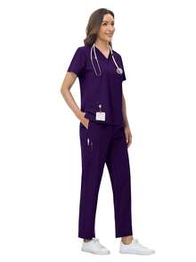 Bộ đồng phục spa dành cho nữ, thoáng khí, mềm mại, tay ngắn và quần ống đứng, thích hợp cho thợ làm móng, kỹ thuật viên làm móng, y tá, mùa xuân. - Màu tím - Xem 3
