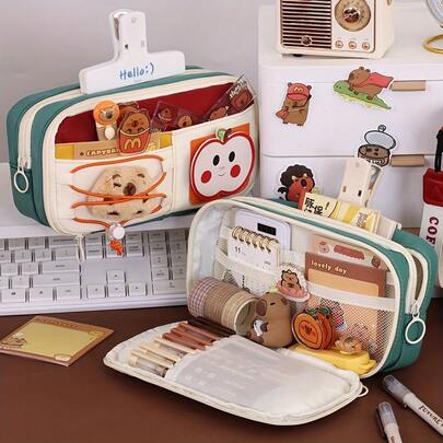 1pc New Creative Cartoon Stationery Pouch, Multi-Functional Large Capacity Multi-Layer Zipper Pencil Case, Colorblock Design, Stationery Organizer For Pens, Pencils, Ruler, High-Quality Student & Office Desk Supplies, Gift Option In Multiple Colors (Accessories In The Image Not Included)