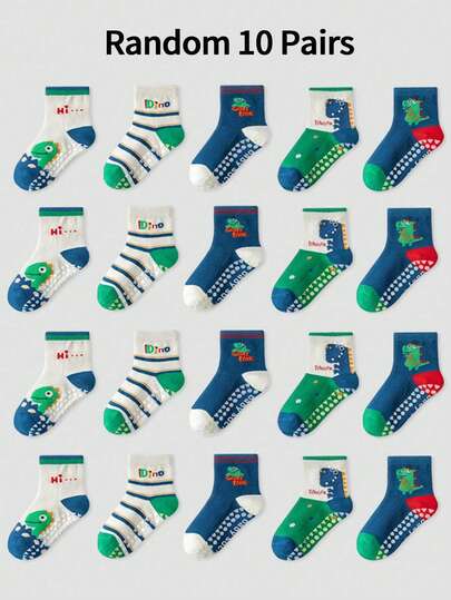 10 Pairs Mixed Color Kids Floor Socks, Letter, Stripe, Dot, Cartoon Dinosaur Pattern, Boys Girls Toddlers Anti-Slip Crew Socks, Suitable For Casual Daily Wear