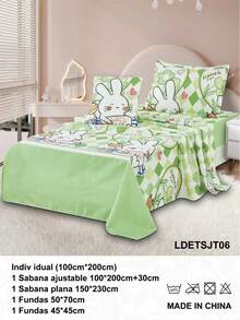 Conjunto de Sabanas Infantiles Individual 100x200cm | Pack 4 Piezas: Sabana Ajustable, Plana, Funda de Almohada + Cojín Decorativo | Estampado Colorido Infantil Suave y Caliente | Ideal para Cuna, Camita o Cama Infantil | Confort y Estilo para Niños - 06 verde - Ver 6