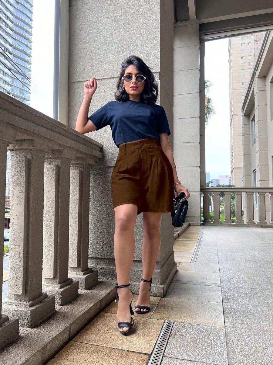 Basic Women's Bermuda Shorts With Marrant Fabric Buttons - Coffee Brown - View 1