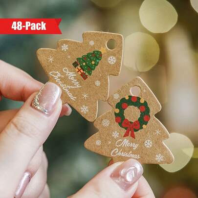 48 件圣诞树形礼品标签套装 - 红色和白色麻绳装饰，耐用的节日挂饰，礼品包装/派对礼品贴纸圣诞节圣诞装饰圣诞睡衣圣诞礼物圣诞装饰