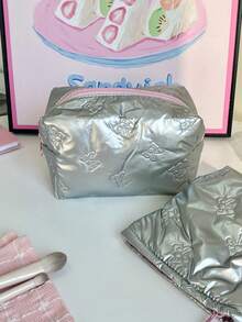 1 件银色蝴蝶结化妆包化妆包化妆包便携式手柄大容量化妆包带拉链，适用于旅行和度假必需品，用于卫生巾、袋垫、有线耳机、耳机、充电器、口红、化妆品、香水、化妆刷架收纳袋、护肤和美容产品，适用于女性、学生、女学生、钥匙、节日礼物返校礼物旅行必需品包，用于学校用品女士旅行包 - 銀色 - 查看 6