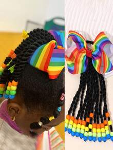 Ponytail With Beads Braids Hair Extension Detachable Synthetic Curly Hairpieces With Bows Protective For Girls Toddler 1pc Kids - Natural Black - View 14