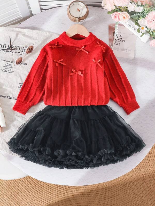 Conjunto casual de suéter de manga larga con decoración de lazo y falda de tul para niña
