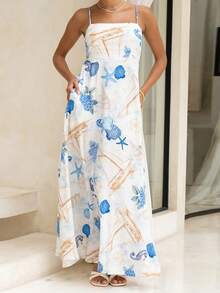 Summer Dresses For Women Boho Maxi Dress Shell Starfish Seahorse Print Slip Dress Sleeveless Backless Spaghetti Straps Tank Dress Casual Loose Fit Sundress For Cocktail Party Beach Vacation Clothes Daily Cami Dress Streetwear Aesthetic Clothes - Màu xanh lam - Xem 2