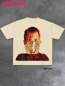 EMCGICC Y2k Men Rich Alone Street Outdoor Life Hip-Hop Style Round Neck Short Sleeved Casual T-Shirt, Comfortable And Breathable Summer Clothes - 杏色 - 查看 2