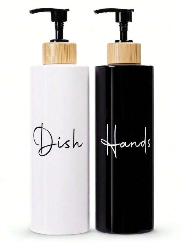 2 Stücke schwarz-weiße nachfüllbare Seifenspender mit schwarzer Flüssigkeitspumpe - praktische Hand- und Geschirrseifenflasche für Badezimmer-Accessoires, Bambusablage, Badezimmer-Organizer & Aufbewahrung, Wohndekoration, Möbel für Zuhause, Badezimmer-Dekoration, Sommer, Schulanfang