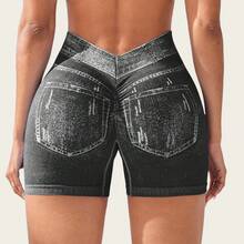 Women's V Back Workout Shorts, Denim Print High Waisted Shorts Stretchy Scrunch Slim Fit Yoga Biker Jegging Butt Lifting Sports Fitness Yoga Pants - màu đen - Xem 2