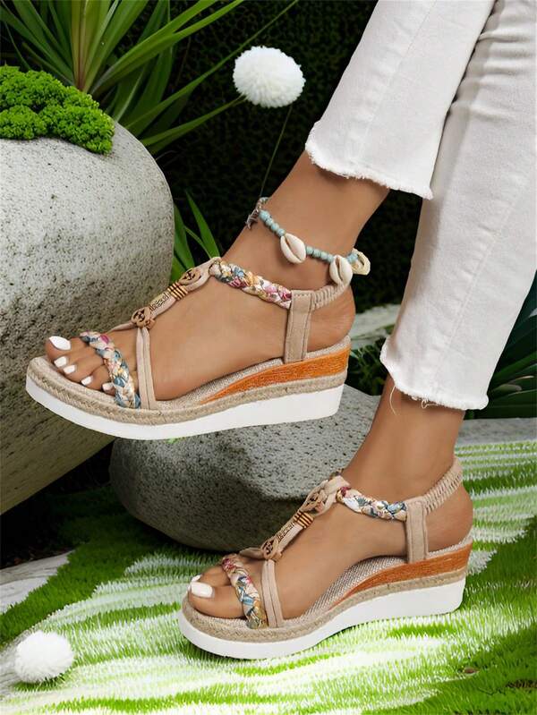 Women's Summer Slip-On Open Toe Woven Sandals, Versatile Floral Pattern Material, Suitable For Casual To Formal Outfits, Breathable Hollow Vamp, Handmade Platform Wedge Heels
