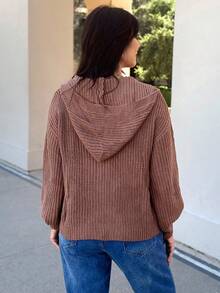 EMERY ROSE Drop Shoulder Zip Up Hooded Cardigan,Long Sleeve Tops - Redwood - View 3