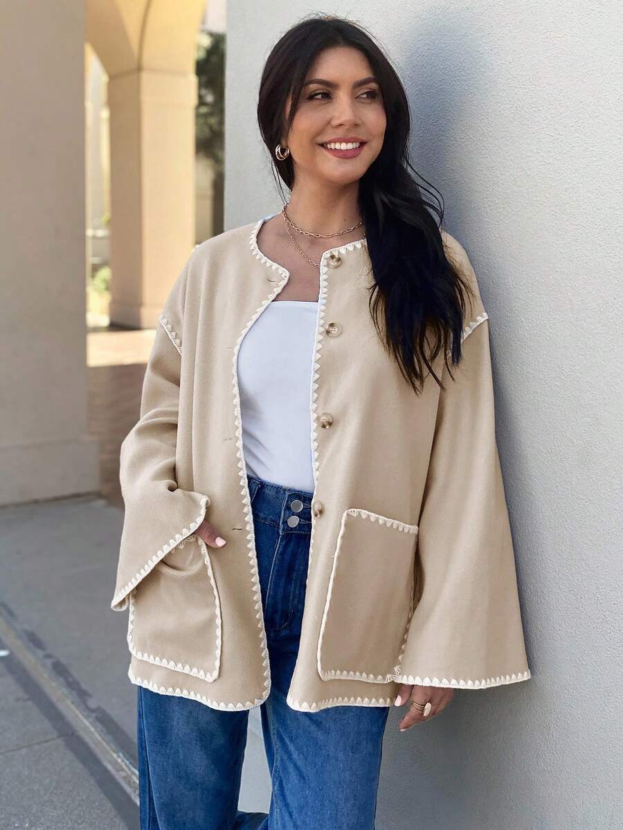 EMERY ROSE Women's Contrast Color Trimmed Button Front Pockets Casual Jacket, Fall Winter Warm Long Sleeve - Multicolor - View 1