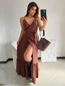 Long Wrap Dress With Straps - Nâu đất son - Xem 1
