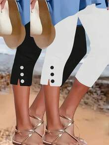 2pcs Women's Solid Color Capri Pants With Button Details - Medium Elasticity, Machine Washable, All-Season Casual Wear For Adults, Comfortable Leisurewear | Sleek Capri Pants | Stretchable Fabric, Capri Leggings - 黑色+白色 - 查看 1