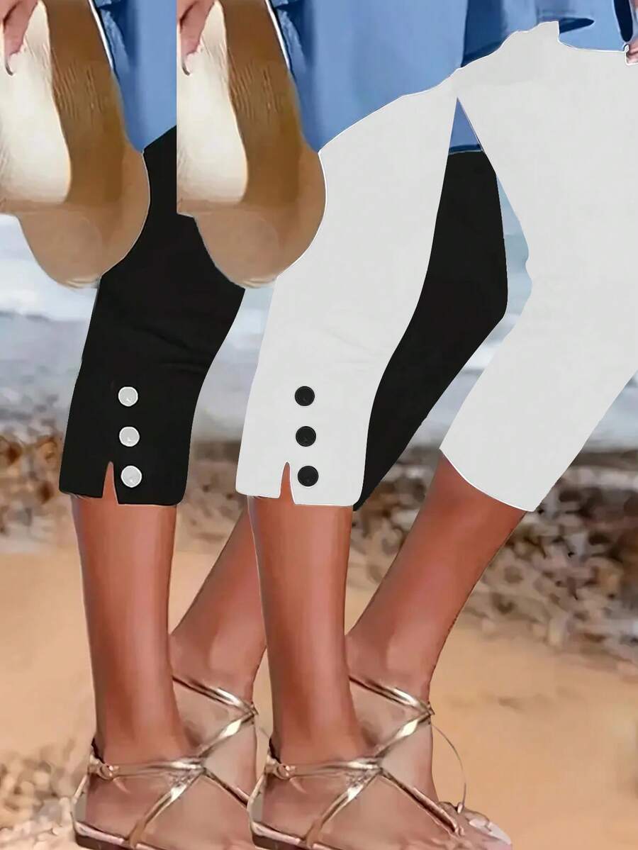 2pcs Women's Solid Color Capri Pants With Button Details - Medium Elasticity, Machine Washable, All-Season Casual Wear For Adults, Comfortable Leisurewear | Sleek Capri Pants | Stretchable Fabric, Capri Leggings - 黑色+白色 - 查看 1