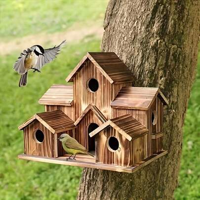 1pc Rustic Outdoor Wooden Bird House With Multiple Rooms, Suitable For Various Small Birds, Multi-Level Hanging Bird Feeder, Suitable For Yard And Outdoor Decor