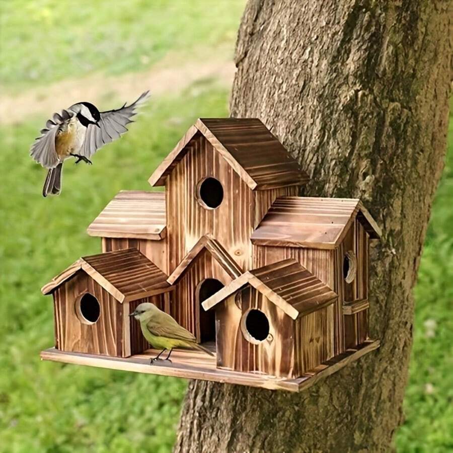 1pc Rustic Outdoor Wooden Bird House With Multiple Rooms, Suitable For Various Small Birds, Multi-Level Hanging Bird Feeder, Suitable For Yard And Outdoor Decor