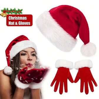 2-delat set med jultomtekostymtillbehör - Livfull tomtehatt med vita detaljer och matchande handskydd för kvinnor - Kulturinspirerade polyestercosplay-festtillbehör med mjukt och bekvämt tyg, lätta att bära och perfekta för högtidsfester, fotograferingar och cosplay-evenemang. Juldekorationer, vinterrumsdekor.